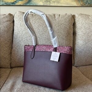 Kate Spade Flash Mixed Media Glitter Tote in Cherrywood-NWT